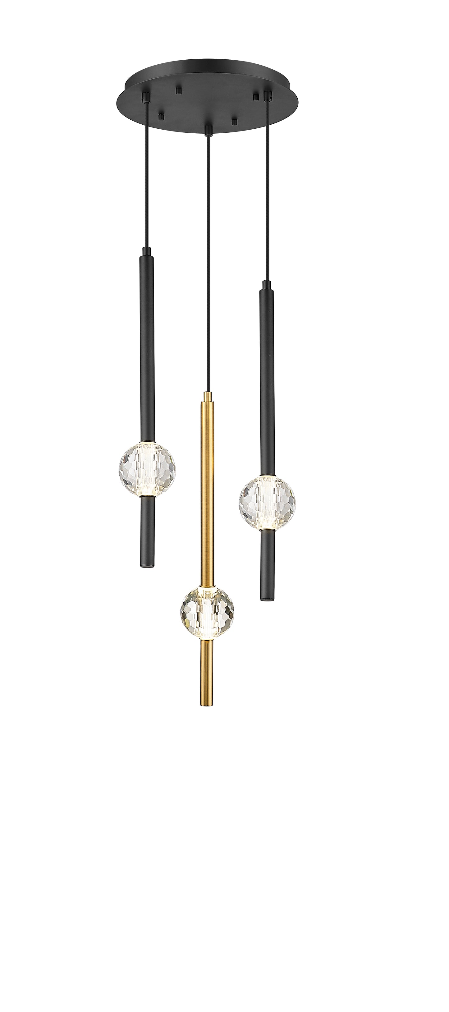 Modern pendant light with black, gold, and silver components on a white background